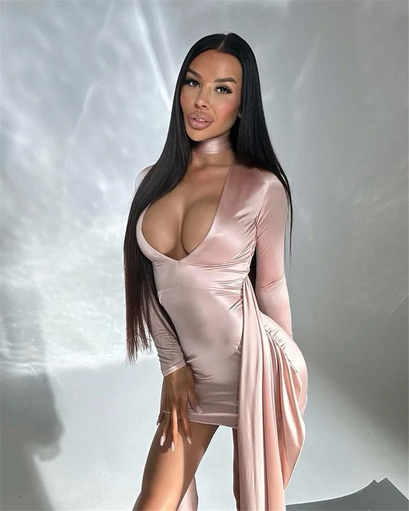 Irregular Sexy Mini Dress For Women Low Cut Long Sleeve Ruched Bodycon Dress Femme Elegant Club Party Sexy Dress New