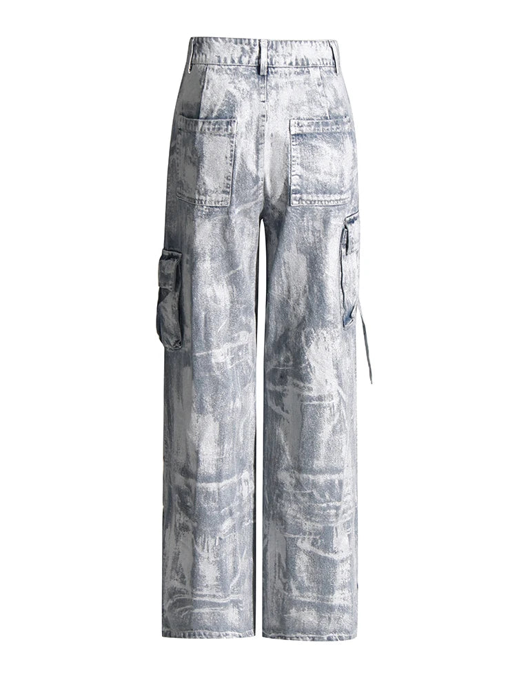 Colorblock Patchwork Pockets Streetwear Denim Pants For Women High Waist Spliced Button Loose Cargo Jeans Female