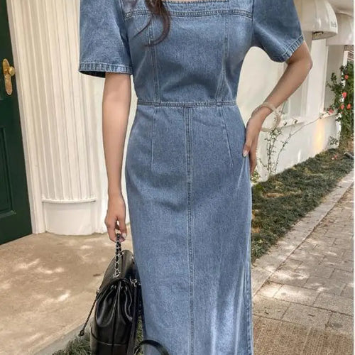 Load image into Gallery viewer, French Vintage Blue Denim Dress Summer New Temperament Goddess Long Dress High Waist Slim Elegant Square Collar Holiday Dresses

