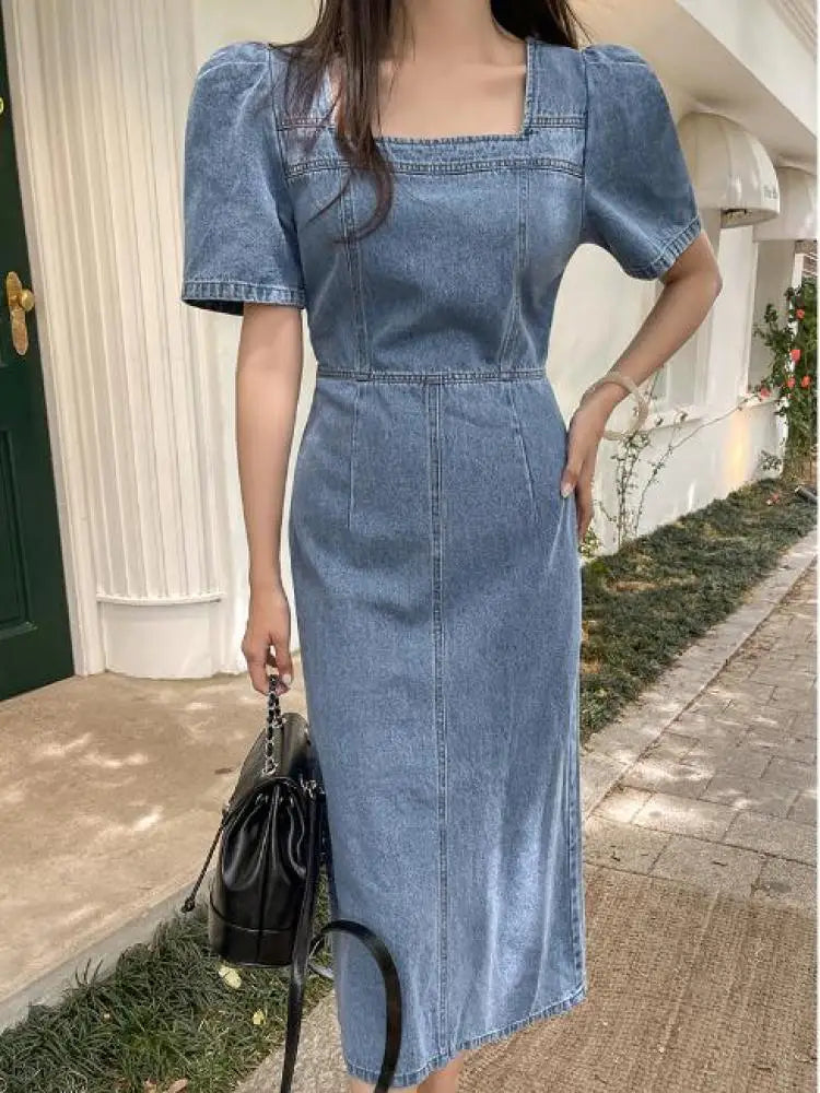 French Vintage Blue Denim Dress Summer New Temperament Goddess Long Dress High Waist Slim Elegant Square Collar Holiday Dresses