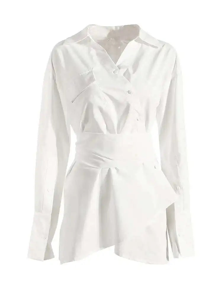 Women White Irregular Bandage Slit Shirt Dress New V-Neck Long Sleeve Loose Fit Fashion Tide Spring Autumn 2025 1DE9884