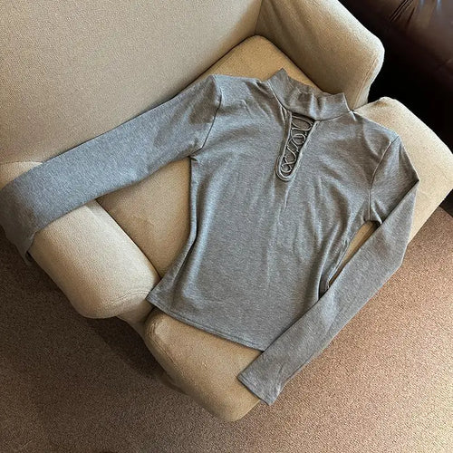 Load image into Gallery viewer, Autumn Winter Elegant Half High Collar Hollow Out Short T Shirt Women New Long Sleeved Slim Tops 2024 Korean Simplicity Clothing
