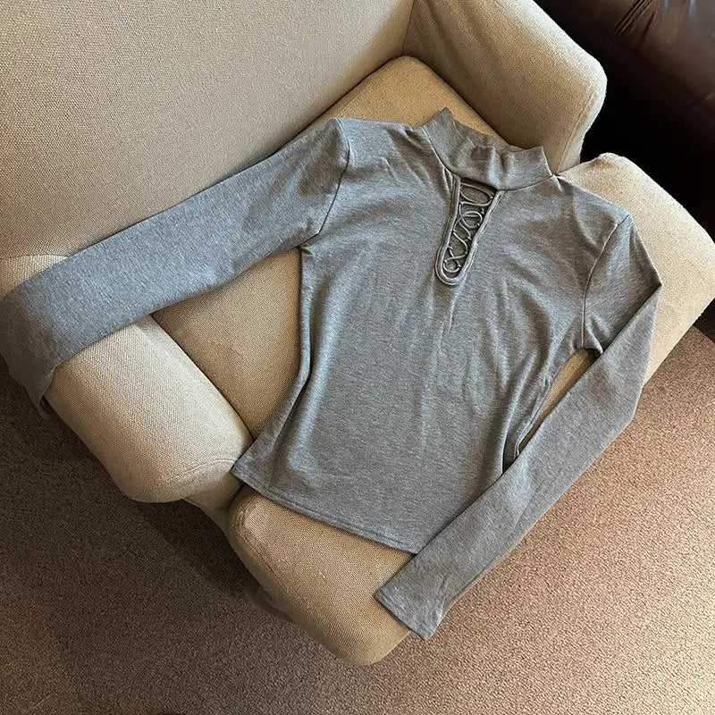 Autumn Winter Elegant Half High Collar Hollow Out Short T Shirt Women New Long Sleeved Slim Tops 2024 Korean Simplicity Clothing