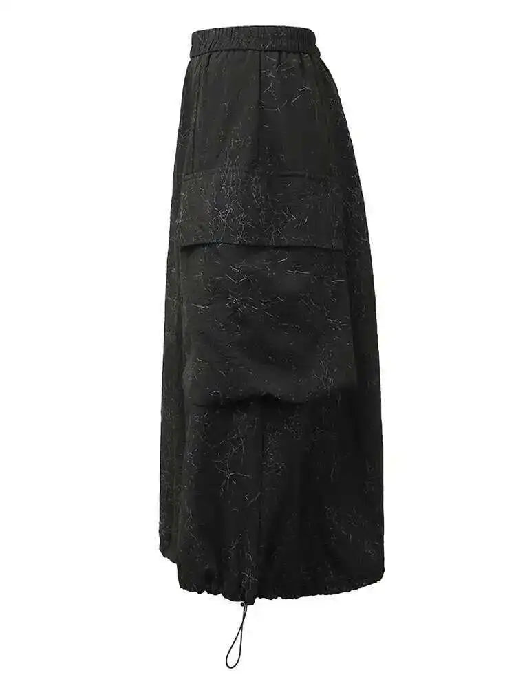 High Elastic Waist Black Big Pocket Drawstring Midi Half-body Skirt Women Fashion Tide New Spring Autumn 2025 1DH5352