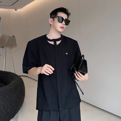 Load image into Gallery viewer, Summer Men&#39;s T-shirt Neckline Hollowed Out Niche Design Short Sleeve Male Top Casual Fashion Tide Black 9C5951
