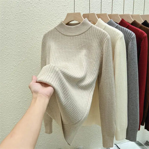 Load image into Gallery viewer, Autumn Winter Korean Fashion Solid Half High Neck Velvet Knitted Sweater Women Warm Long Sleeve Pullovers Top Versatile Clothing
