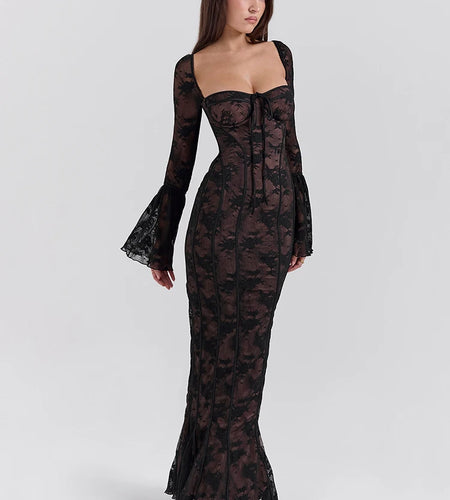 Lace Print Long Flare Sleeve Sexy Maxi Dress For Women Fashion Square Collar Backless Bodycon Club Party Sexy Dress