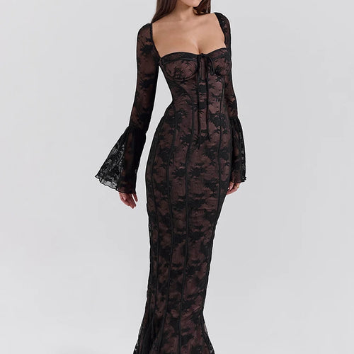 Load image into Gallery viewer, Lace Print Long Flare Sleeve Sexy Maxi Dress For Women Fashion Square Collar Backless Bodycon Club Party Sexy Dress
