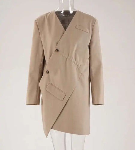 Women Khaki Irregular Button Slit Elegant Big Size Blazer New Lapel Long Sleeve Jacket Fashion Spring Autumn 2025 CPDB247