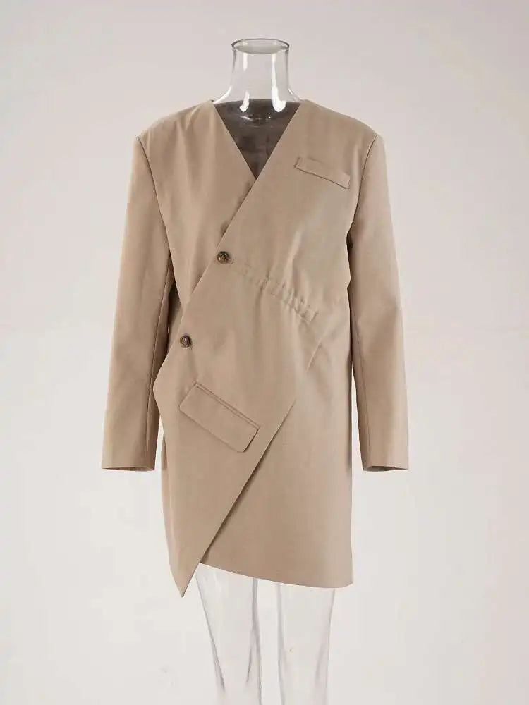 Women Khaki Irregular Button Slit Elegant Big Size Blazer New Lapel Long Sleeve Jacket Fashion Spring Autumn 2025 CPDB247