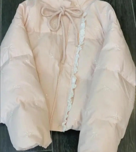 Winter Women's 2024 New Sweet Pink Patchwork Lace Loose Long Sleeved Cotton Jacket French Vacation Bow Bandage Short Coat Trendy