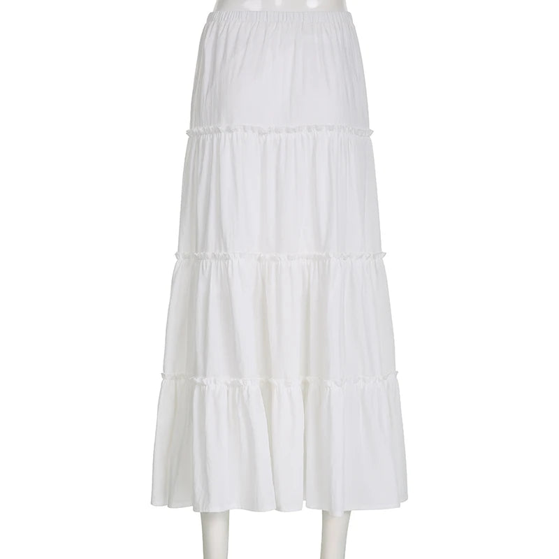 Streetwear White Loose Holidays Maxi Skirt Stitching Ruffles Ruched A-Line Summer Beach Women Skirt Long Sweet Bottom