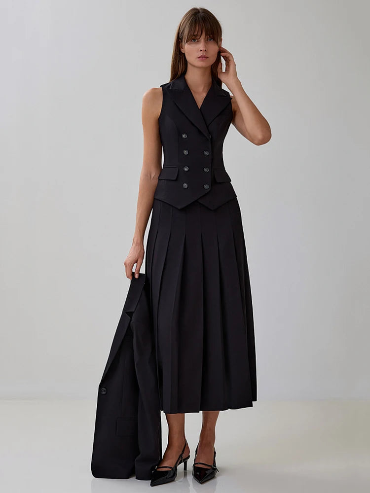 Autumn Two Piece Sets Women Double-breasted Vest And Split Skirt Matching Sets Fashion Long Pleated Skirt Two Piece Set