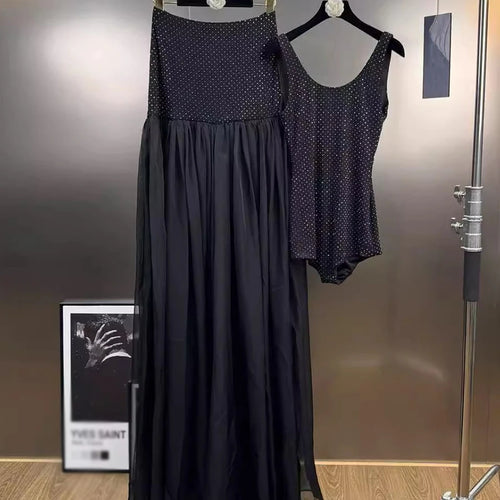 Load image into Gallery viewer, Wave Point Two Piece Sets for Women Square Neck Sleeveless Top High Waist Sheer Spliced Folds Skirt Set Female New
