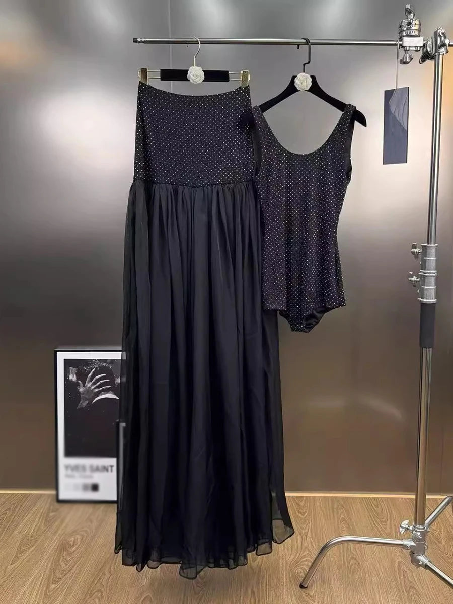 Wave Point Two Piece Sets for Women Square Neck Sleeveless Top High Waist Sheer Spliced Folds Skirt Set Female New