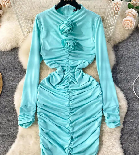 Retro Blue Bodycon Pleated Dress Women Long Sleeved Gray Dresses Women Autumn Black Sexy Club Dress Festival Night Party Dresses