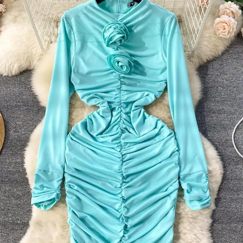 Load image into Gallery viewer, Retro Blue Bodycon Pleated Dress Women Long Sleeved Gray Dresses Women Autumn Black Sexy Club Dress Festival Night Party Dresses
