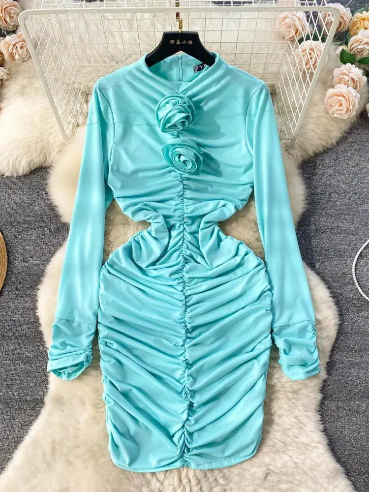 Retro Blue Bodycon Pleated Dress Women Long Sleeved Gray Dresses Women Autumn Black Sexy Club Dress Festival Night Party Dresses