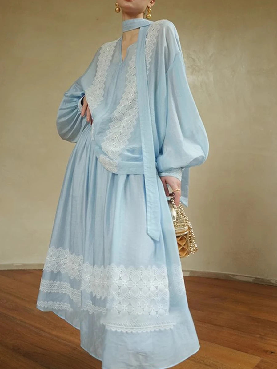 Hit Color Loose Two Piece Sets For Women V Neck Long Sleeve Top High Waist Temperament Skirts Female Fashion New