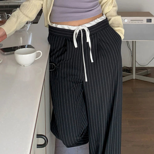 Load image into Gallery viewer, Fashion Chic Stripe Women Trousers Elegant Patched Drawstring Full Length Pants Contrast Color Office Ladies Capris
