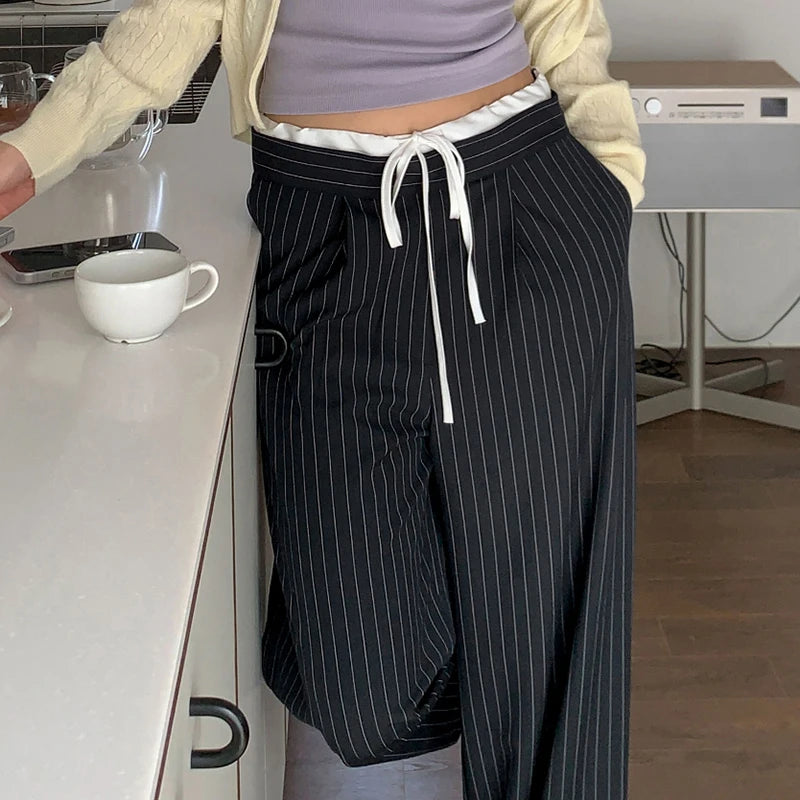 Fashion Chic Stripe Women Trousers Elegant Patched Drawstring Full Length Pants Contrast Color Office Ladies Capris