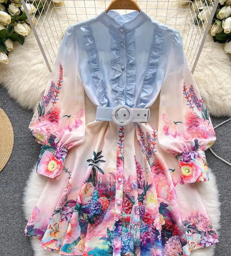 Spring Autumn French Temperament Button Ruffles Print Shirt Short Dress Women Blue Floral Pleated Party A-line Mini Dresses Y2k
