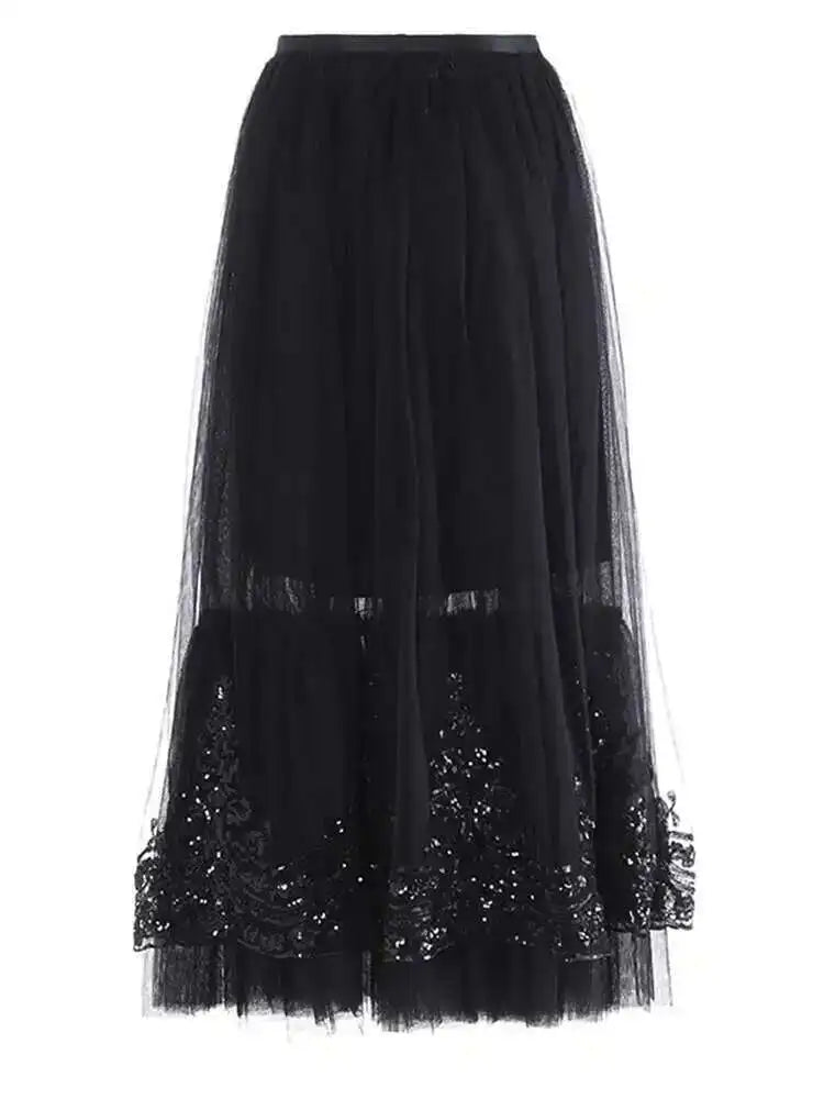 High Elastic Waist Black Sequins Mesh Elegant A-line Half-body Skirt Women Fashion Tide New Spring Autumn 2025 1DH8429