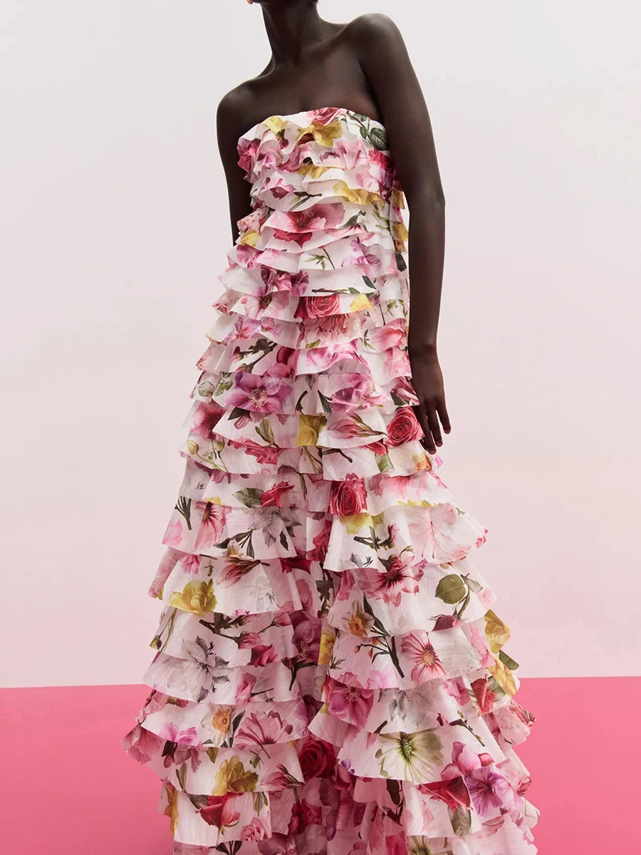 Solid Spliced Ruffles Loose Dresses For Women Strapless Sleeveless High Waist Temperament Dress Female Fashion New