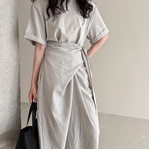 Load image into Gallery viewer, Women Navy Blue Cross Bandage Big Size Elegant Midi Dress New Round Neck Short Sleeve Fashion Spring Summer 2025 1DJ1359
