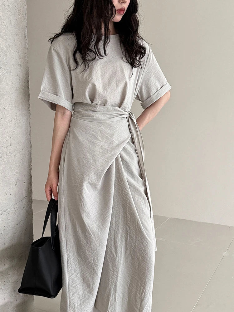 Women Navy Blue Cross Bandage Big Size Elegant Midi Dress New Round Neck Short Sleeve Fashion Spring Summer 2025 1DJ1359