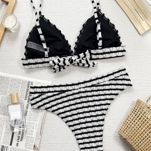 Load image into Gallery viewer, Black White Striped Swimwear High Cut Bikini Sets 2024 Sexy Women Swimsuit High Waist Biquini Bathing Suit
