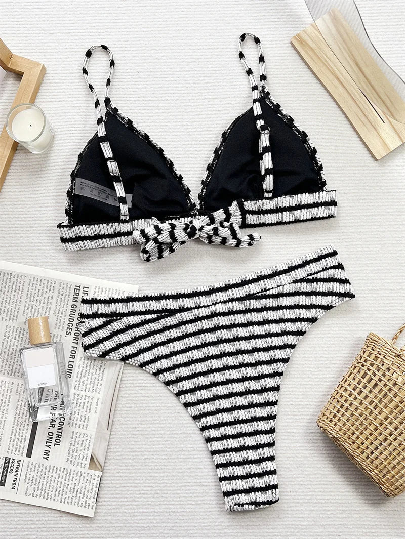 Black White Striped Swimwear High Cut Bikini Sets 2024 Sexy Women Swimsuit High Waist Biquini Bathing Suit