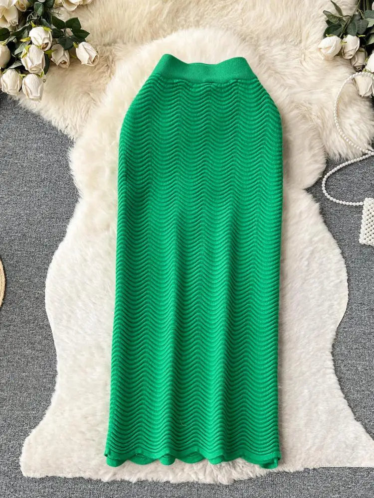 Solid Office Lady Slim Knit Pencil Skirts Women Elegant Elastic High Waist Female Casual Wave Bodycon Skirt Autumn New Fashion