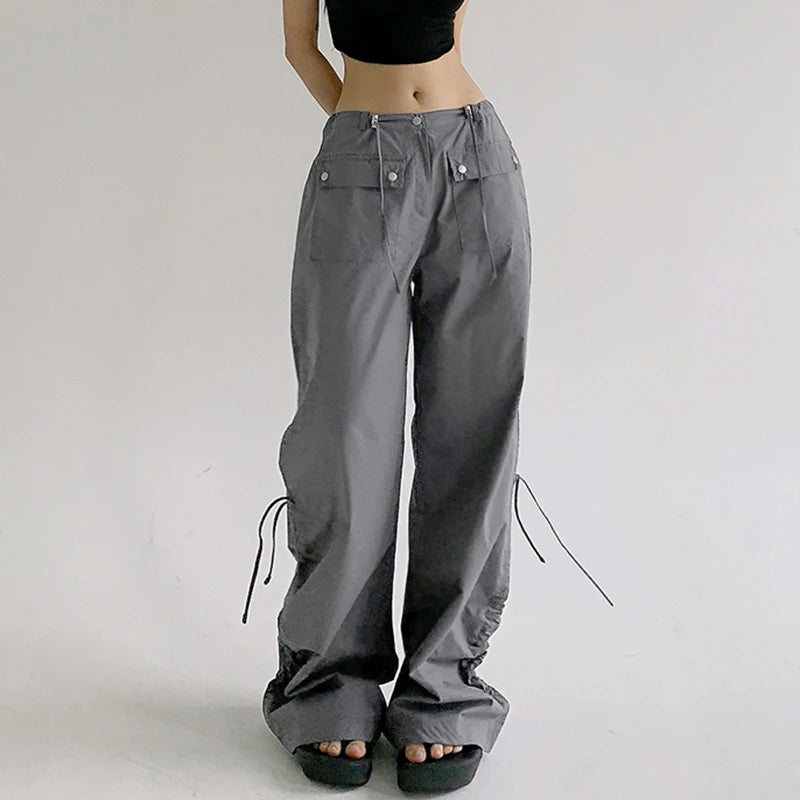 Harajuku Drawstring Women Trousers Low Waisted Solid Casual Shirring Baggy Pants Techwear Korean Straight Leg Bottoms