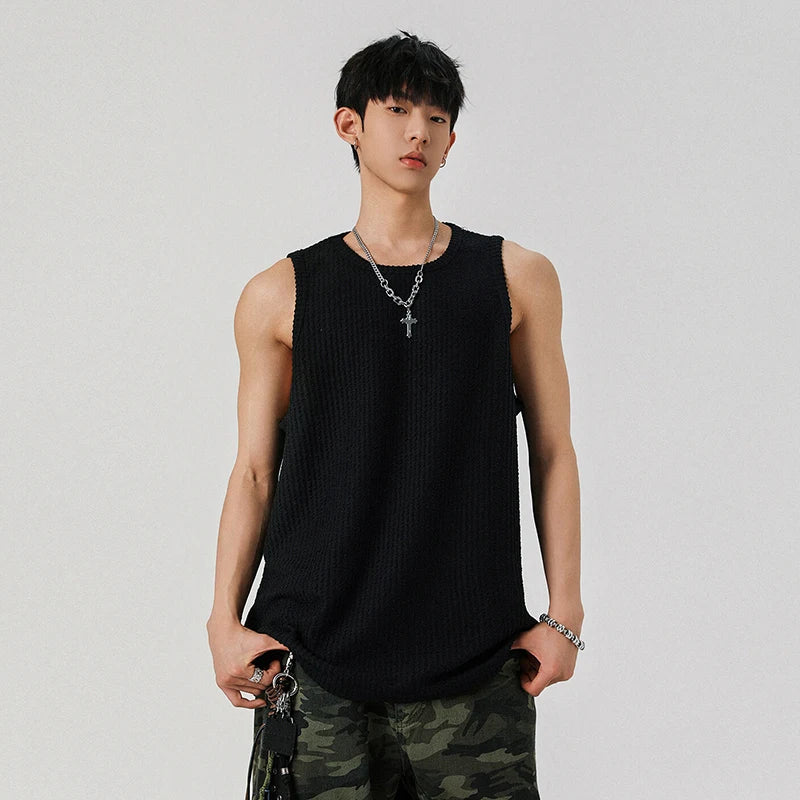 Loose Male Vest Loose Stripe Sleeveless T-shirt Pullover Solid Color T-shirts Men's Casual Top Summer Trend Handsome 9W1297