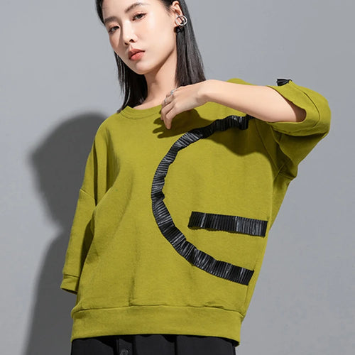 Load image into Gallery viewer, Women Black Ruffles Irregular Spliced Big Size T-shirt New Round Neck Long Sleeve Fashion Tide Spring Autumn 2025 1DJ1267
