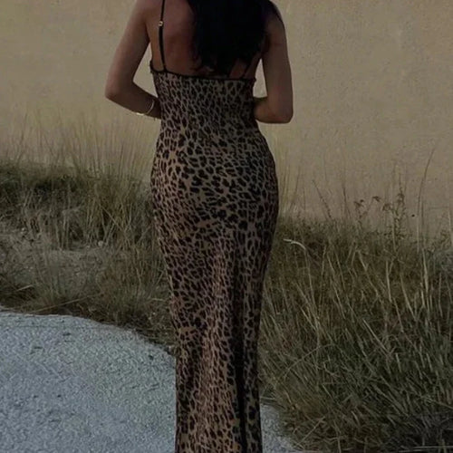 Load image into Gallery viewer, Leopard Print Beach Party Dress Spaghetti Strap Low Cut Backless Maxi Long Dresses Vacation Outfits for Women C83-CC25
