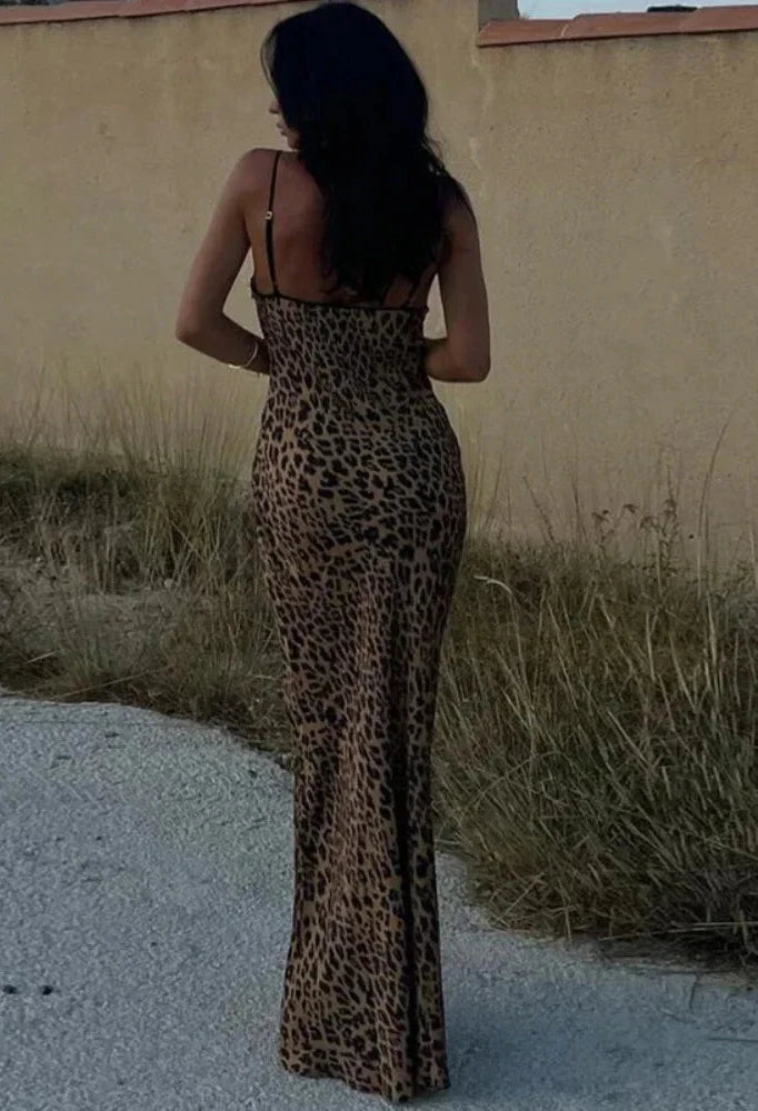 Leopard Print Beach Party Dress Spaghetti Strap Low Cut Backless Maxi Long Dresses Vacation Outfits for Women C83-CC25