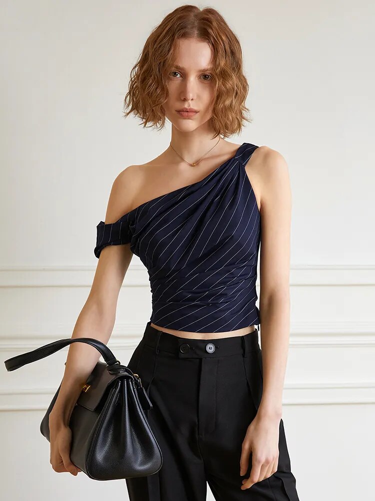 Hit Color Tank Tops For Women Slash Neck Sleeveless Striped Summer Asymmetrical Vest Female Fashion Clothing