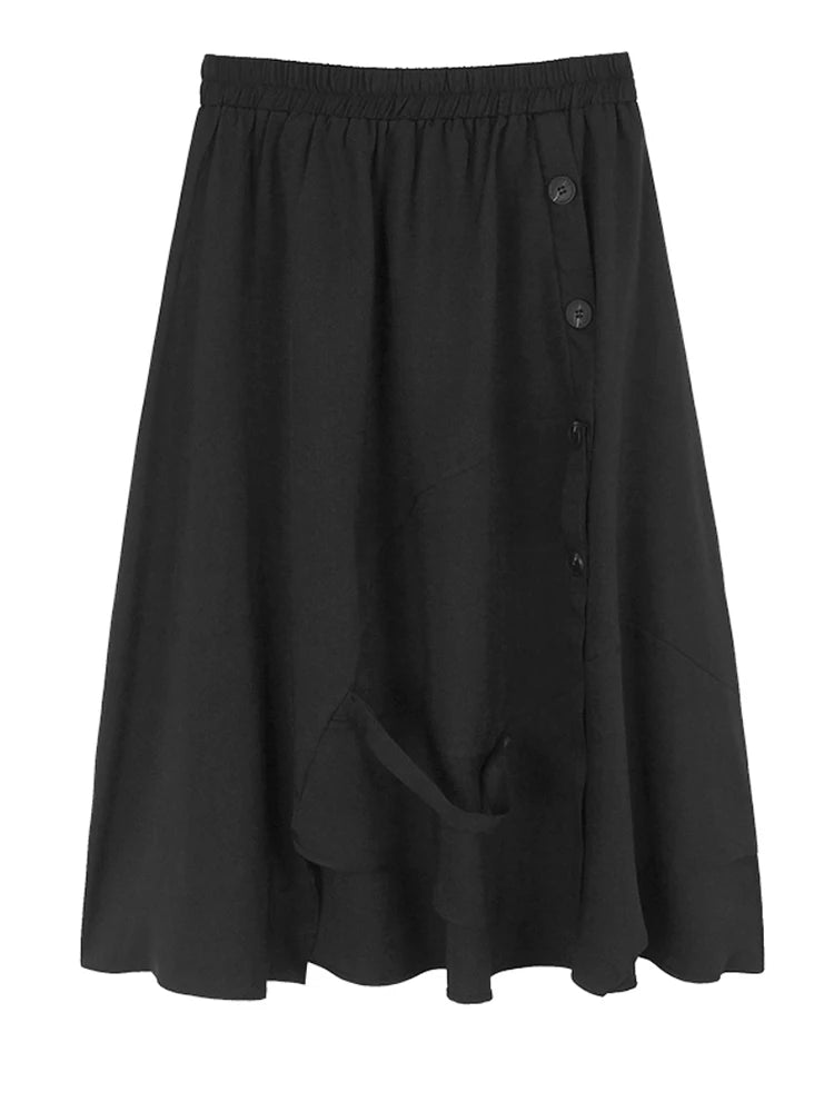 High Elastic Waist Apricot Button Ribbon Spliced A-line Half-body Skirt Women Fashion Tide New Spring Autumn 2025 1DJ1353