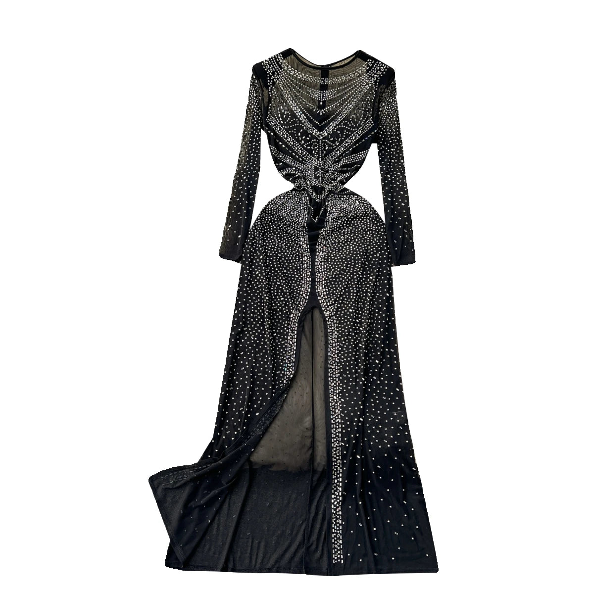 Autumn Black Sexy Club Diamond Long Sleeve Back Zipper Bodycon Split Long Dress Women Vintage Elegant Festival Party Gowns Dress