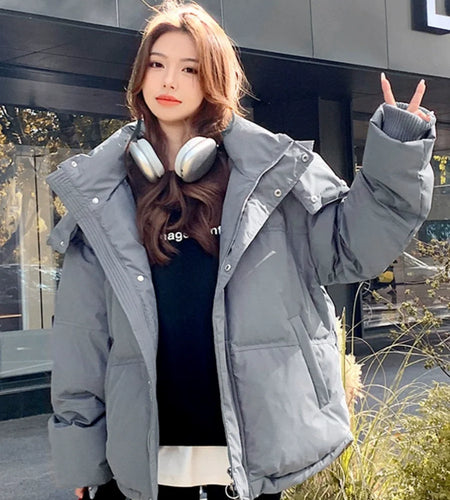 Winter Puffer Jackets Women Thick Warm Down Cotton Padded Coat Female Fashion Oversize Hooded Grey Loose Short Parkas Mujer 2023