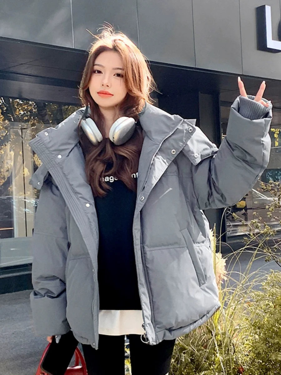 Winter Puffer Jackets Women Thick Warm Down Cotton Padded Coat Female Fashion Oversize Hooded Grey Loose Short Parkas Mujer 2023