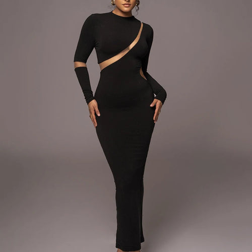 Load image into Gallery viewer, Turtleneck Long Sleeve Bodycon Maxi Dress For Women Autumn New Patchwork Hollow Out Club Party Sexy Long Dress Vestidos
