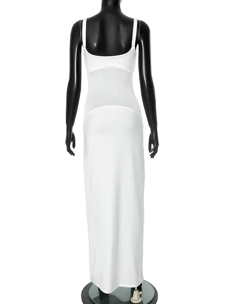 Mesh Patchwork Sexy Maxi Dress For Women Gown Spaghetti Strap Sleeveless Backless Bodycon Elegant Club Long Dress