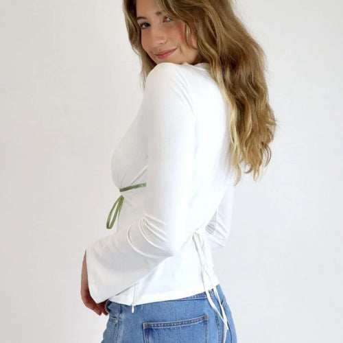 Load image into Gallery viewer, Fashion Lace Long Sleeved Slim Fit Women's Top T-shirt Sexy V-neck Elastic Tight Tie Female Top Autumn New 2024 Clothing
