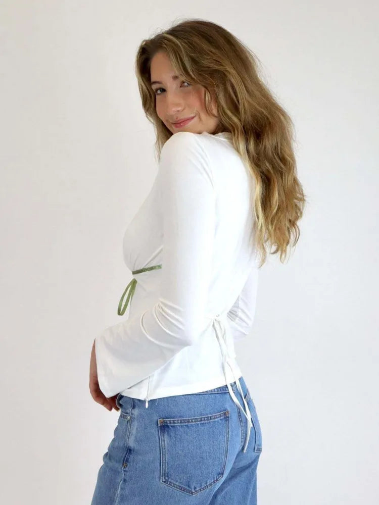 Fashion Lace Long Sleeved Slim Fit Women's Top T-shirt Sexy V-neck Elastic Tight Tie Female Top Autumn New 2024 Clothing