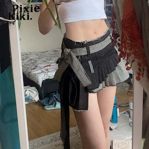 Load image into Gallery viewer, Patchwork Denim Asymmetric Pleated Skirt Y2k Streetwear Low Waist Mini Jeans Skirts Womens Clothing 2024 P77-EG43
