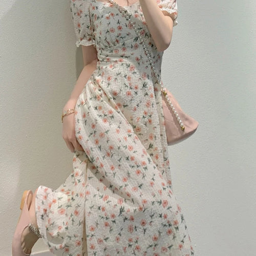 Load image into Gallery viewer, Summer Printed Lace Puff Sleeve Women Dresses Elegant Office Lady French Style Square Neck Slim Female Chic Floral Dress
