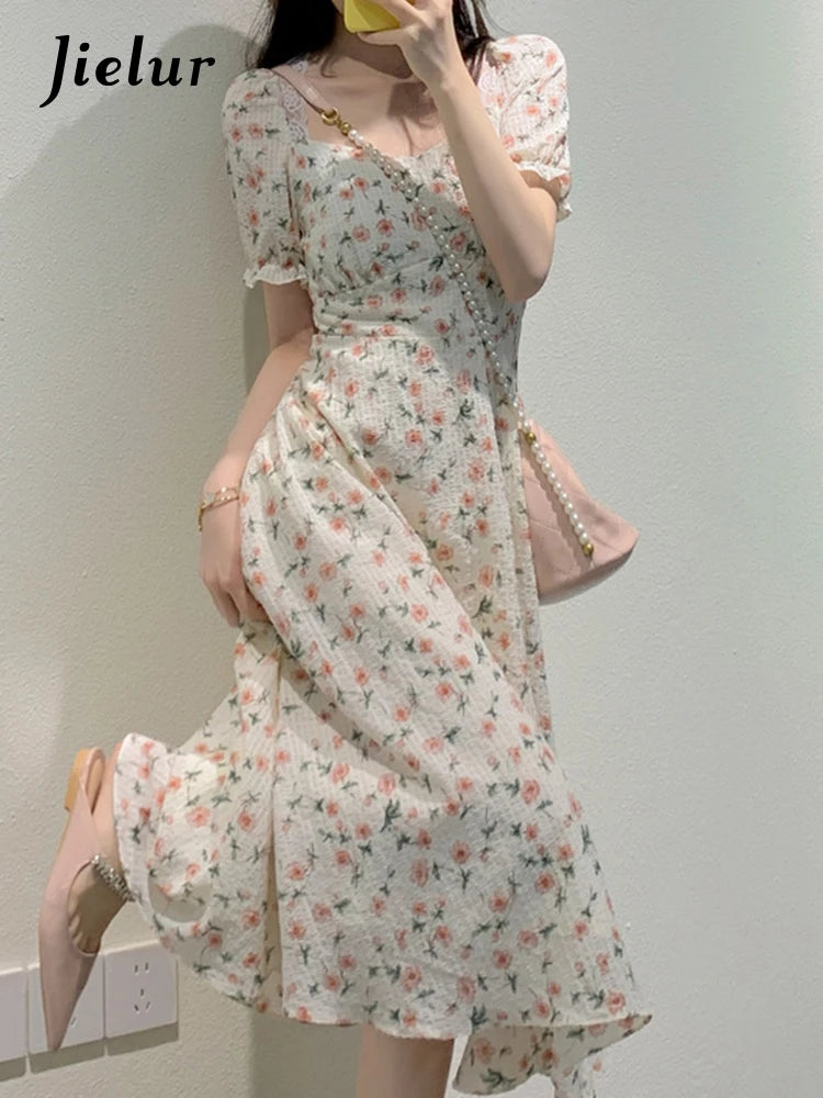 Summer Printed Lace Puff Sleeve Women Dresses Elegant Office Lady French Style Square Neck Slim Female Chic Floral Dress